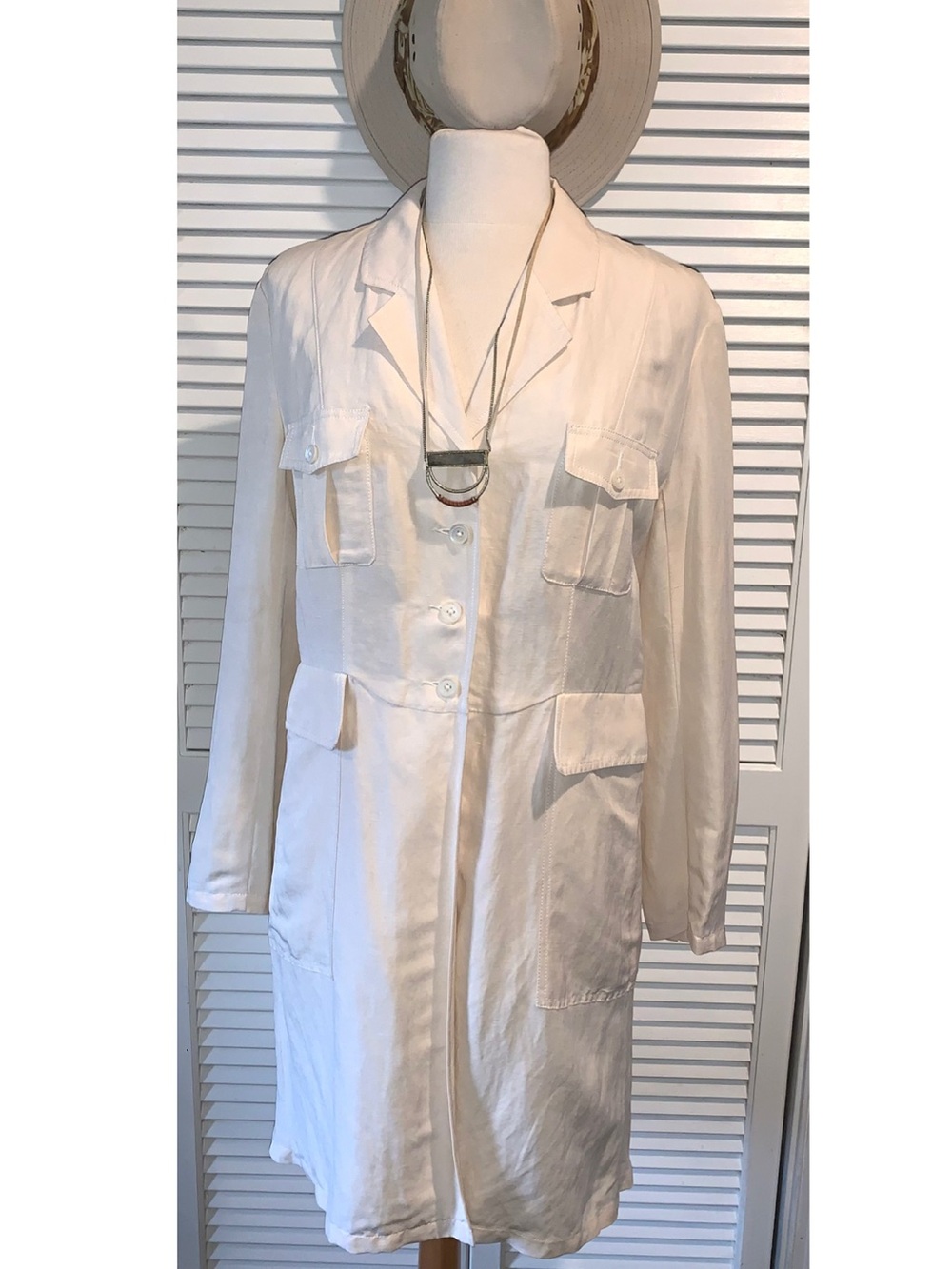 Vintage J. Peterman Silk Linen Equestrian Duster Coat Ivory Women’s Medium